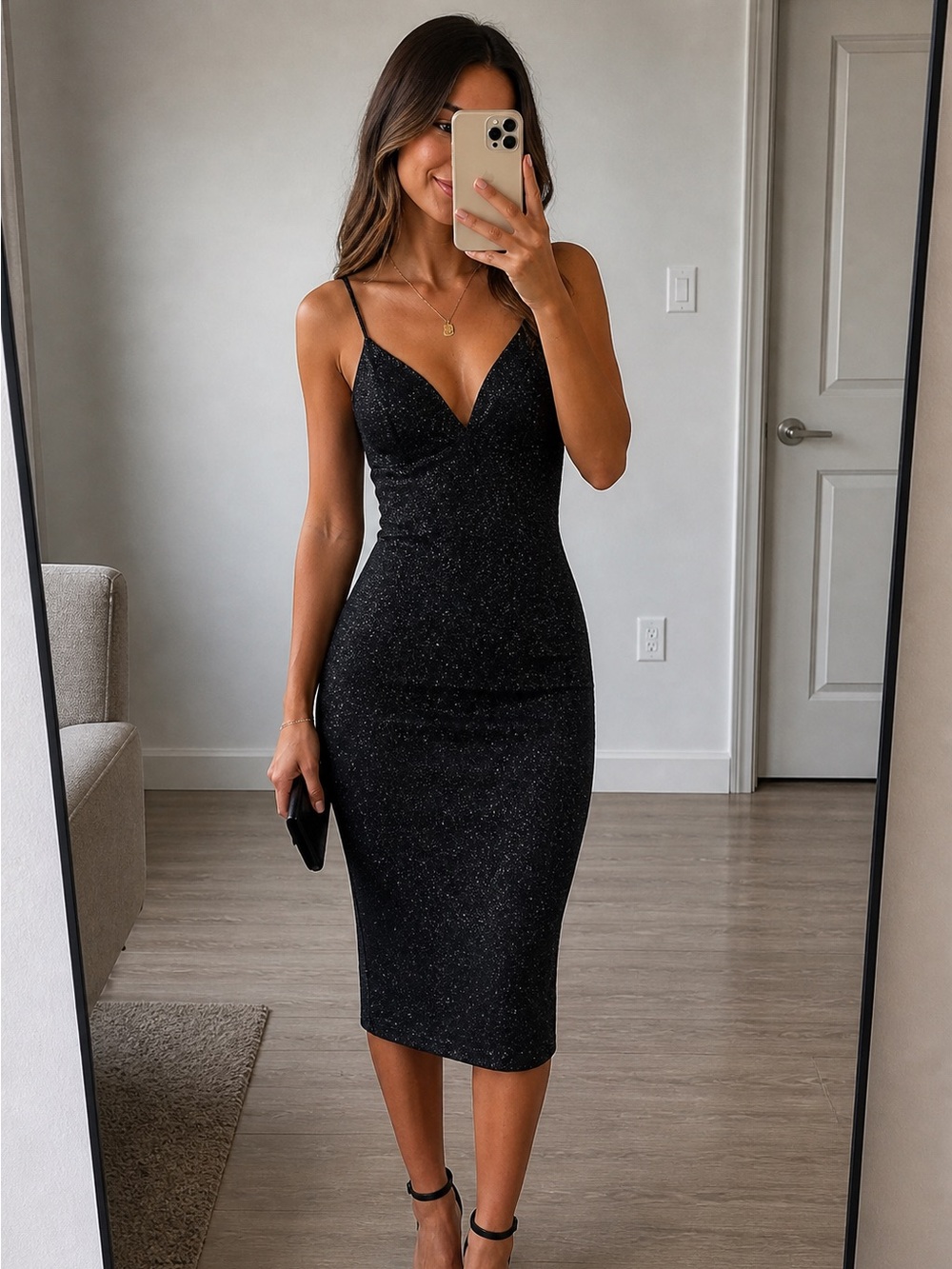 Elegant Black Sparkly Leopard Print Low Neckline Cocktail Midi Dress